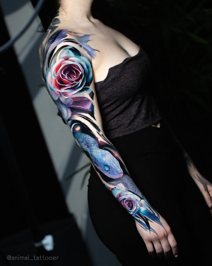 A blue snake sleeve with roses