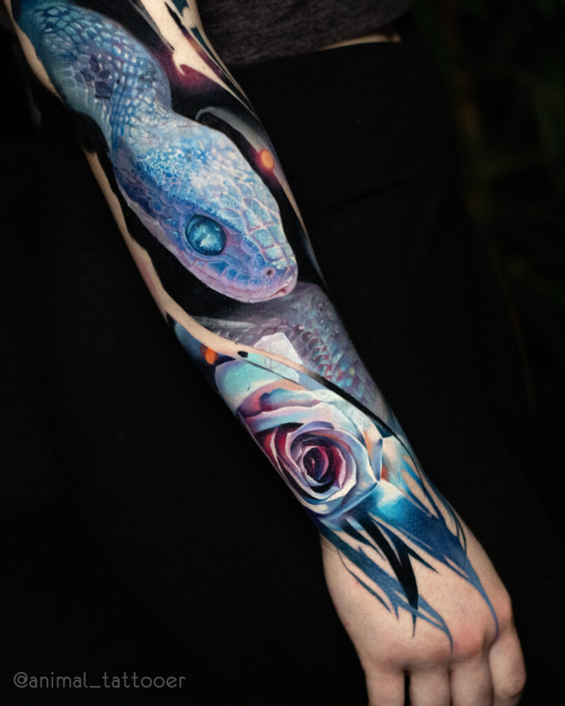 A blue snake sleeve with roses