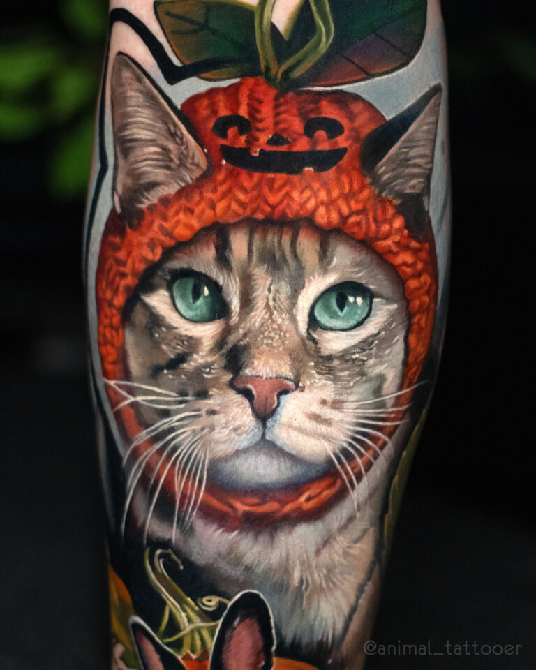 a cat with a pumpkin hat and bunny